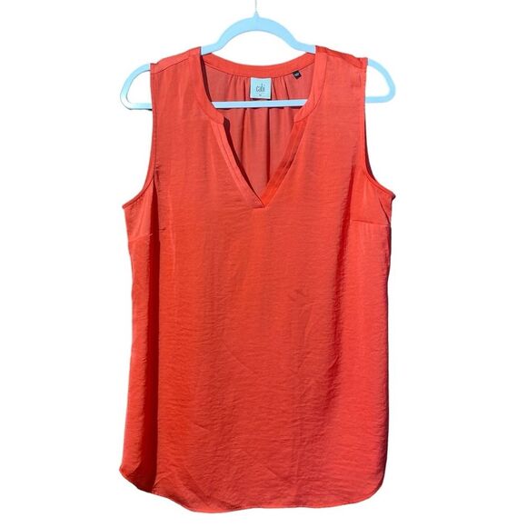 Cabi Hibiscus Rose Red Split V- Neck Flowy Silky Tank Blouse Women's Size Medium - Picture 1 of 13